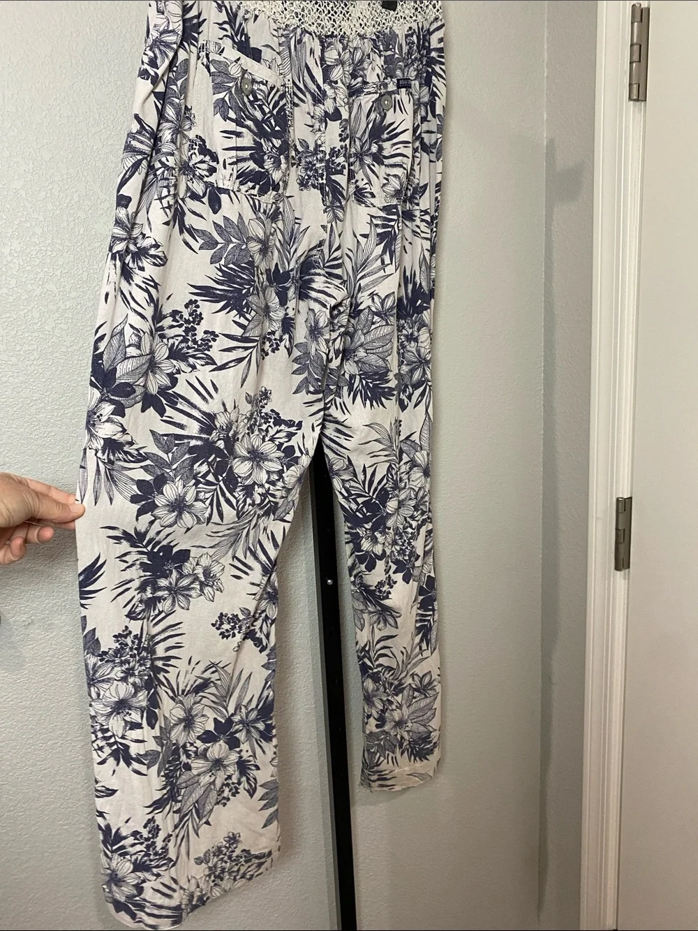Linen and Rayon Navy Floral Beachy Smocked Waist Wide-Leg pants - Picture 7 of 11
